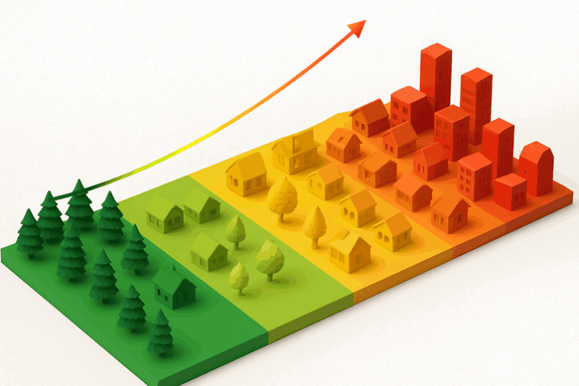 Das Bild symbolisiert die Temperaturzunahme im urbanen Raum im Vergleich zu ländlichen Gebieten. Der großflächige Einsatz von PRC-beschichteten Oberflächen kann wesentlich zur Reduktion der Temperaturspitzen in Städten beitragen.